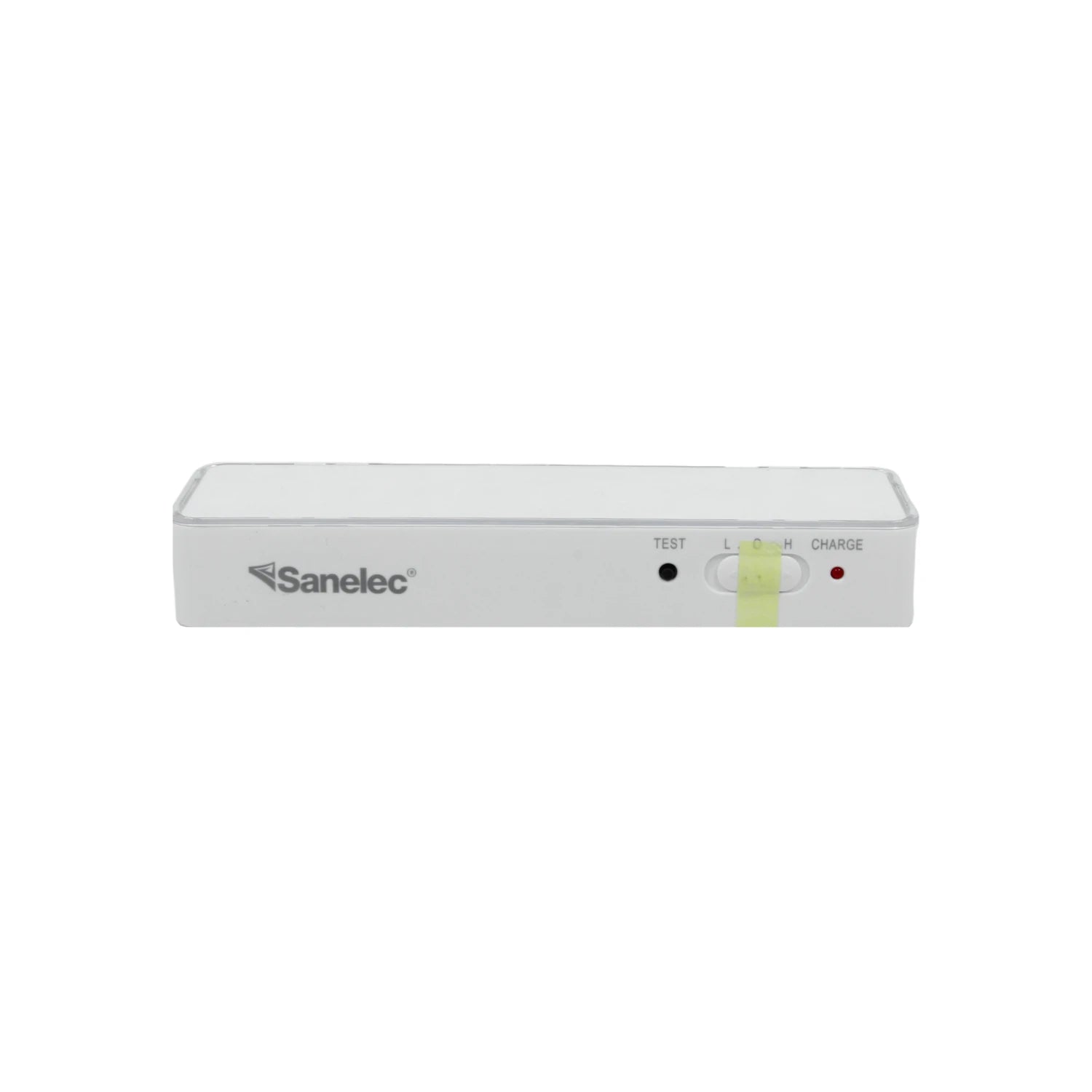 Lámpara recargable LED Sanelec blanca, con selector de intensidad (L/C/H), botón de prueba y LED de carga.