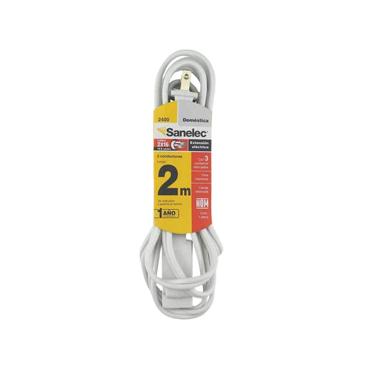 Extensión eléctrica Sanelec blanca 2m, calibre 2x16, 13A máx., 3 contactos reforzados, uso doméstico.