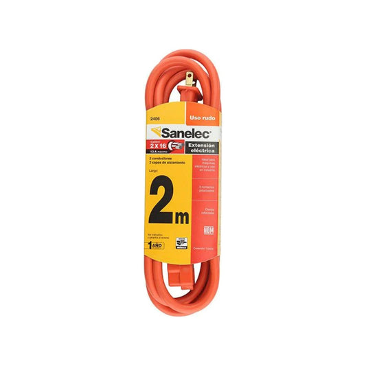 Cable extensión eléctrica Sanelec uso rudo naranja 2 metros calibre 2x16 13A reforzado.