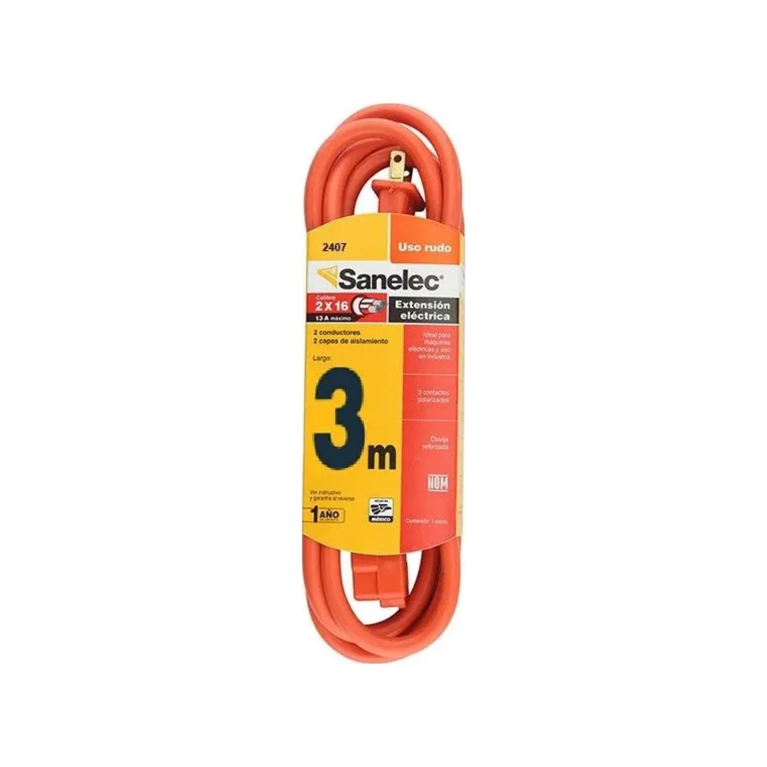 Extensión eléctrica Sanelec uso rudo naranja 3m, calibre 2x16, 13A, con 3 contactos polarizados