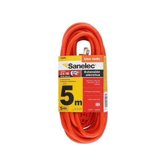 Extensión eléctrica naranja Sanelec 5 metros, uso rudo, calibre 2x16, 13A máx., 3 contactos polarizados.