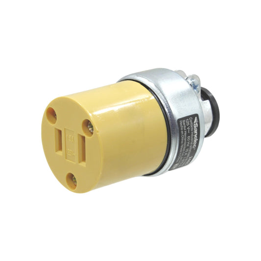 Contacto industrial sencillo Sanelec 15A 125V amarillo, tomacorriente eléctrico polarizado.