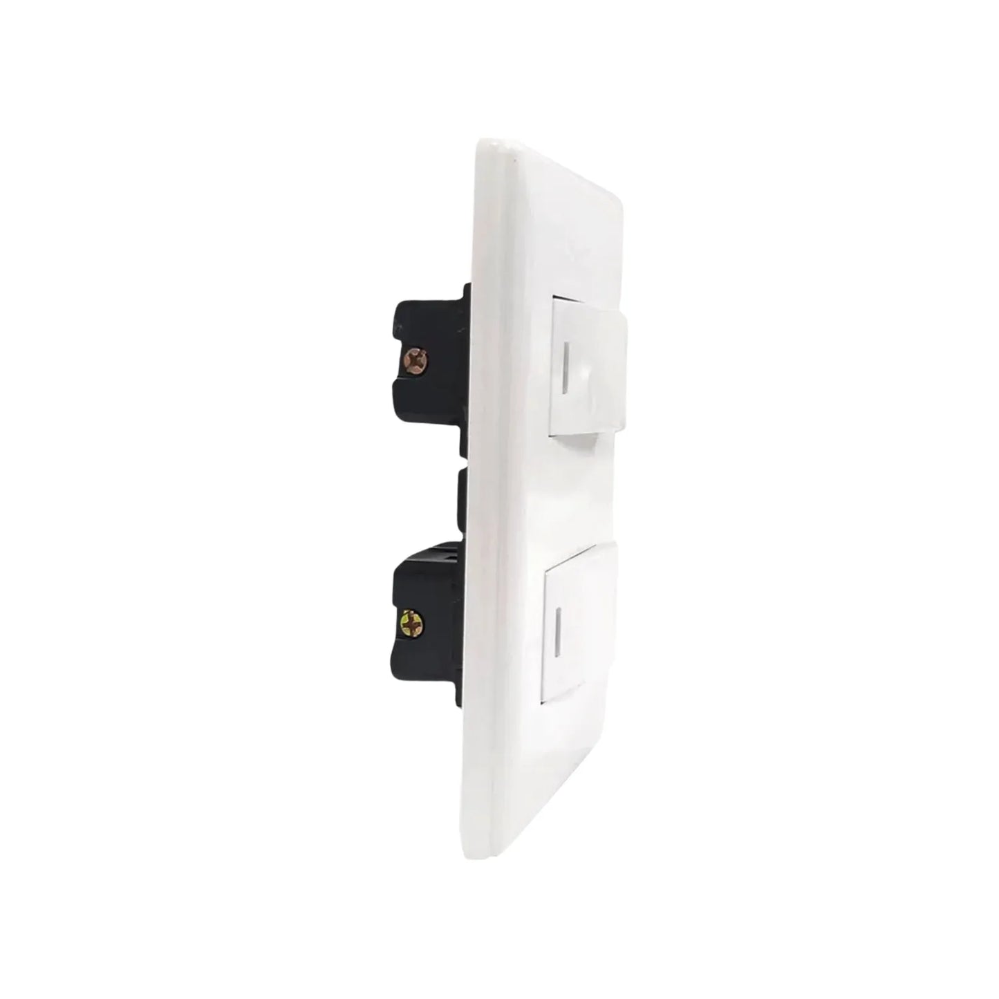 Interruptor doble de pared color blanco para instalación eléctrica con mecanismos internos visibles lateralmente