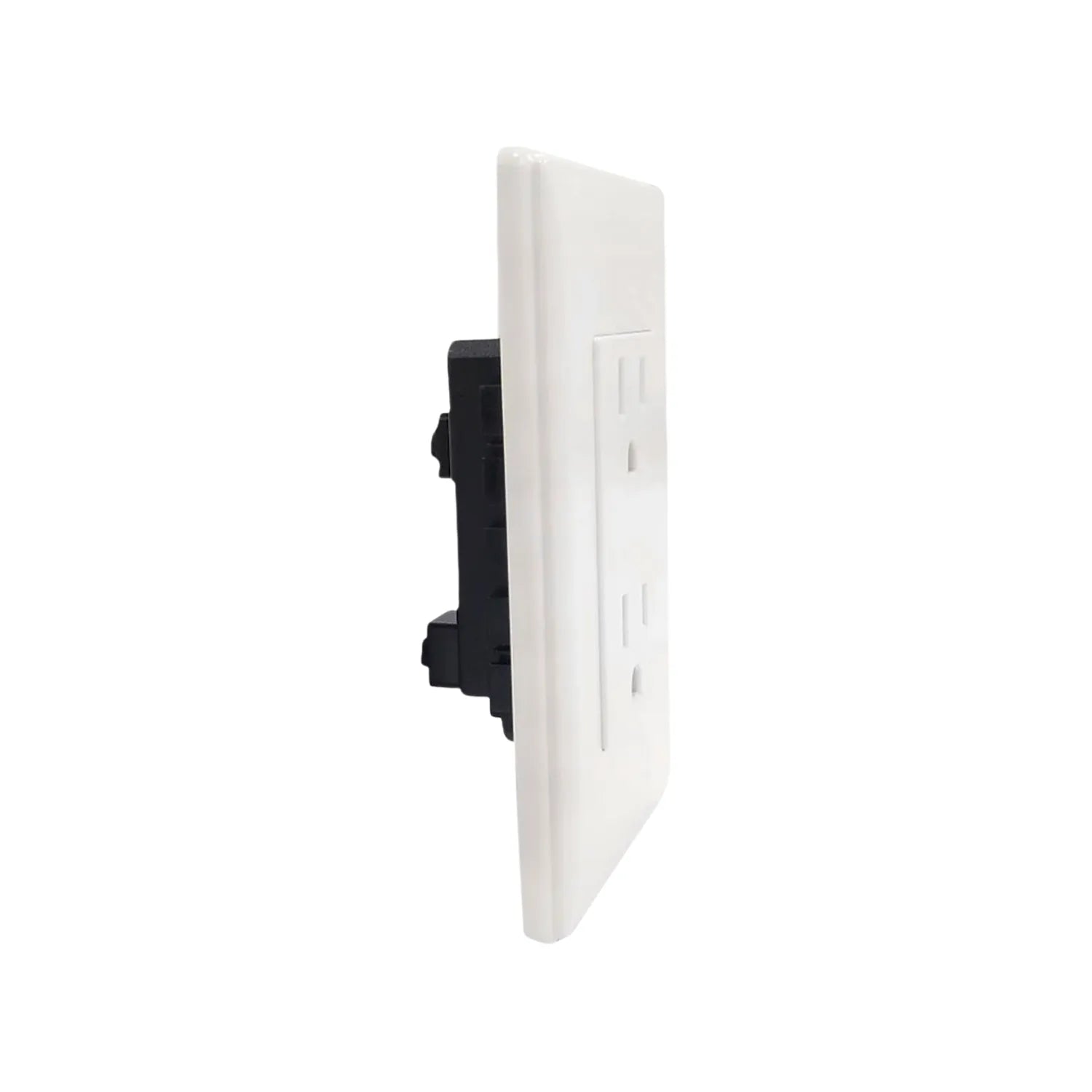 Placa de contacto eléctrico doble blanca para pared, vista lateral de tomacorriente duplex residencial