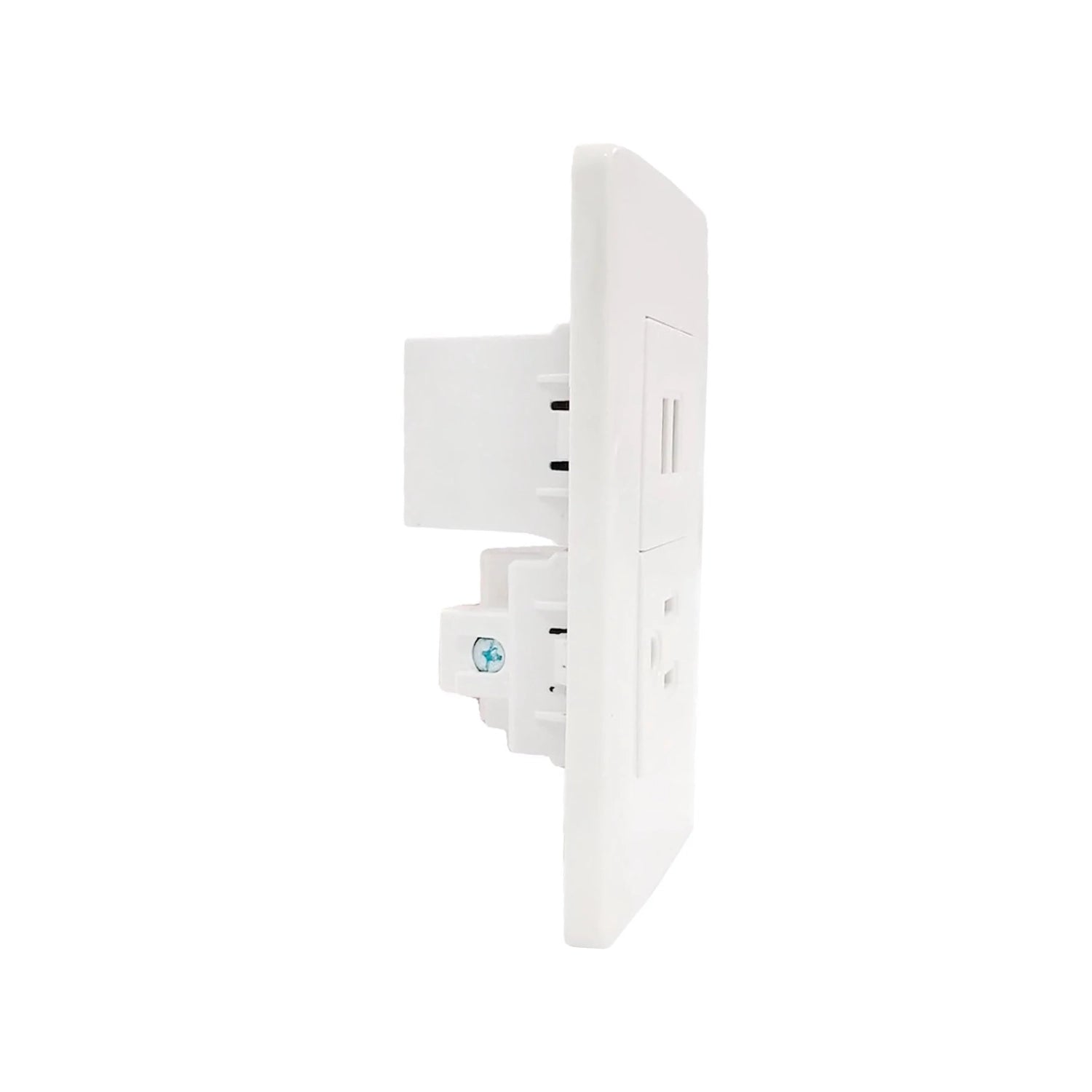 Placa de pared blanca con 1 tomacorriente y 2 puertos USB para carga de dispositivos