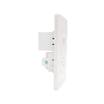Placa de pared blanca con 1 tomacorriente y 2 puertos USB para carga de dispositivos
