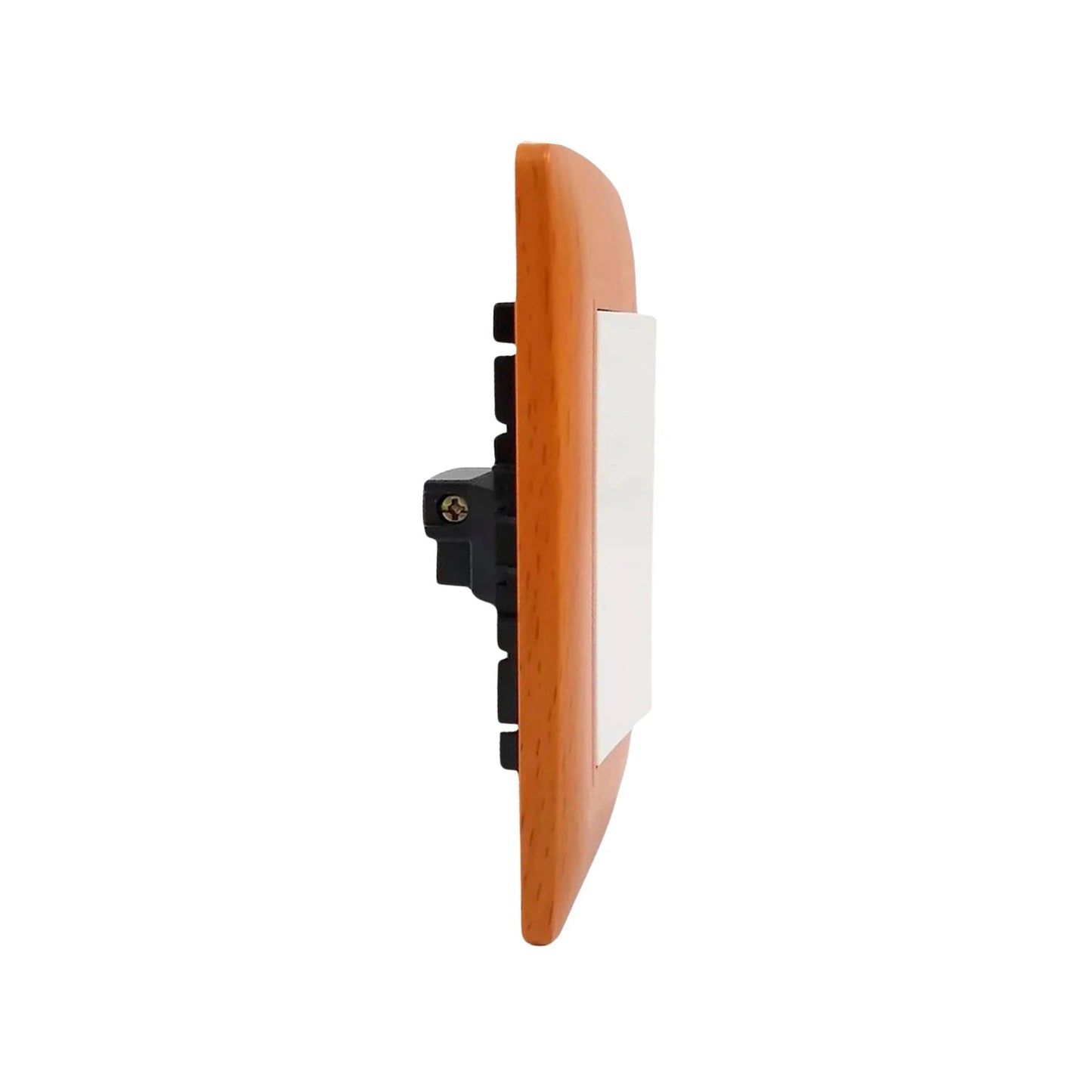 Placa de pared con 1 apagador blanco, marco de madera curvado color toscana. Elegante y funcional para interiores.