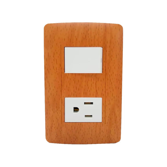 Placa para pared de madera toscana con un apagador y un contacto polarizado blanco