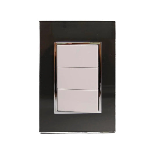Placa triple negra brillante con 3 interruptores de luz blancos para pared, diseño moderno de ferretería.