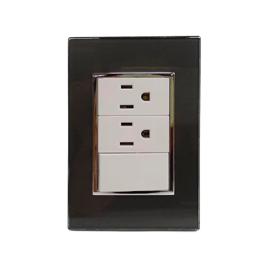 Placa eléctrica negra brillante con 2 contactos y 1 apagador, diseño moderno. Componentes blancos y marco cromado.
