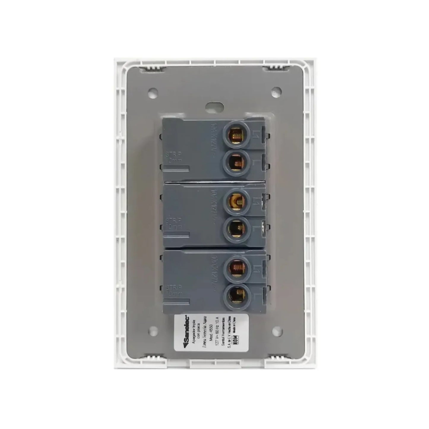 Apagador triple Sanelec blanco con placa, montaje de 3 interruptores para instalación eléctrica residencial de 127V