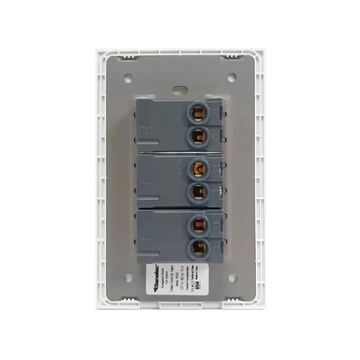 Apagador triple Sanelec blanco con placa, montaje de 3 interruptores para instalación eléctrica residencial de 127V