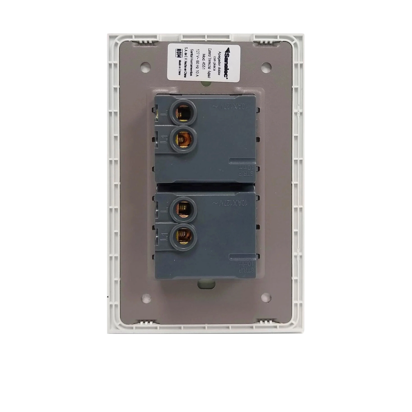 Apagador doble Sanelec 4551 línea Venecia, placa blanca 10A 127V para instalación eléctrica
