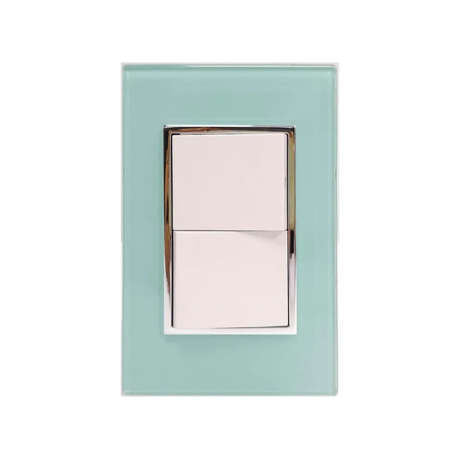 Placa de cristal azul claro para 2 interruptores de luz, acabado de marco cromado brillante