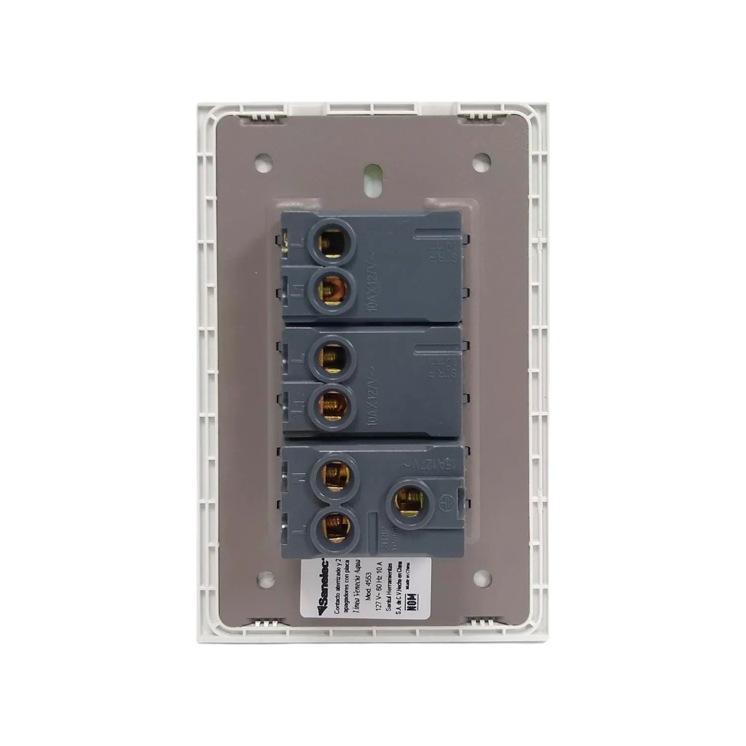 Placa Sanelec 4553 con 2 apagadores 10A y 1 contacto aterrizado 15A 127V, parte trasera de instalación.