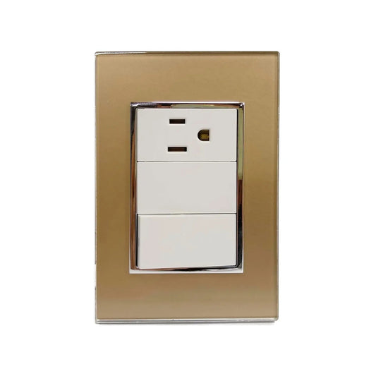 Placa eléctrica de pared color champagne con 1 tomacorriente y 2 interruptores blancos, acabado brillante.