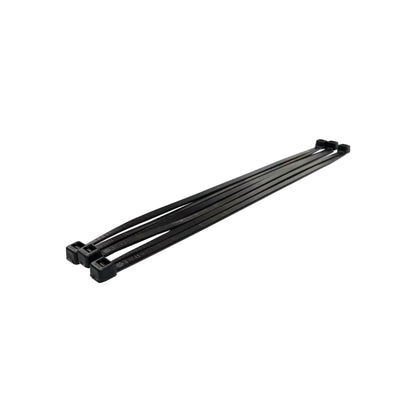 Cinchos negros de plástico, bridas resistentes para organización de cables y uso general en ferretería.