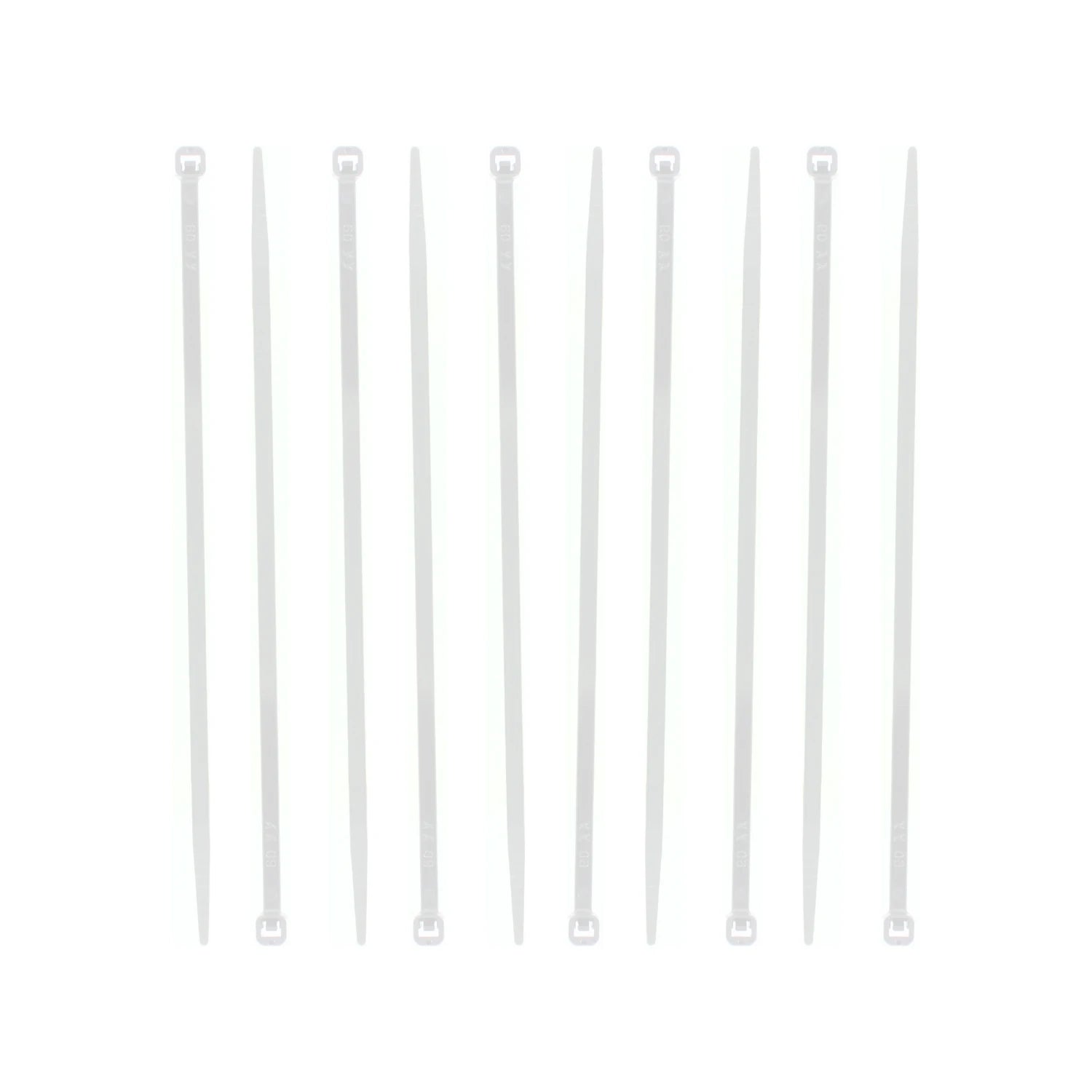 Diez cinchos blancos de plástico, ideales para organizar y fijar cables de manera segura.