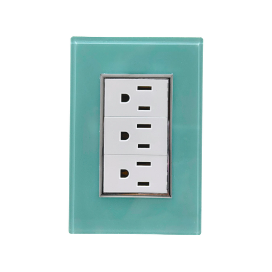 Placa de 3 contactos azul turquesa de cristal para pared, tomas de corriente polarizadas