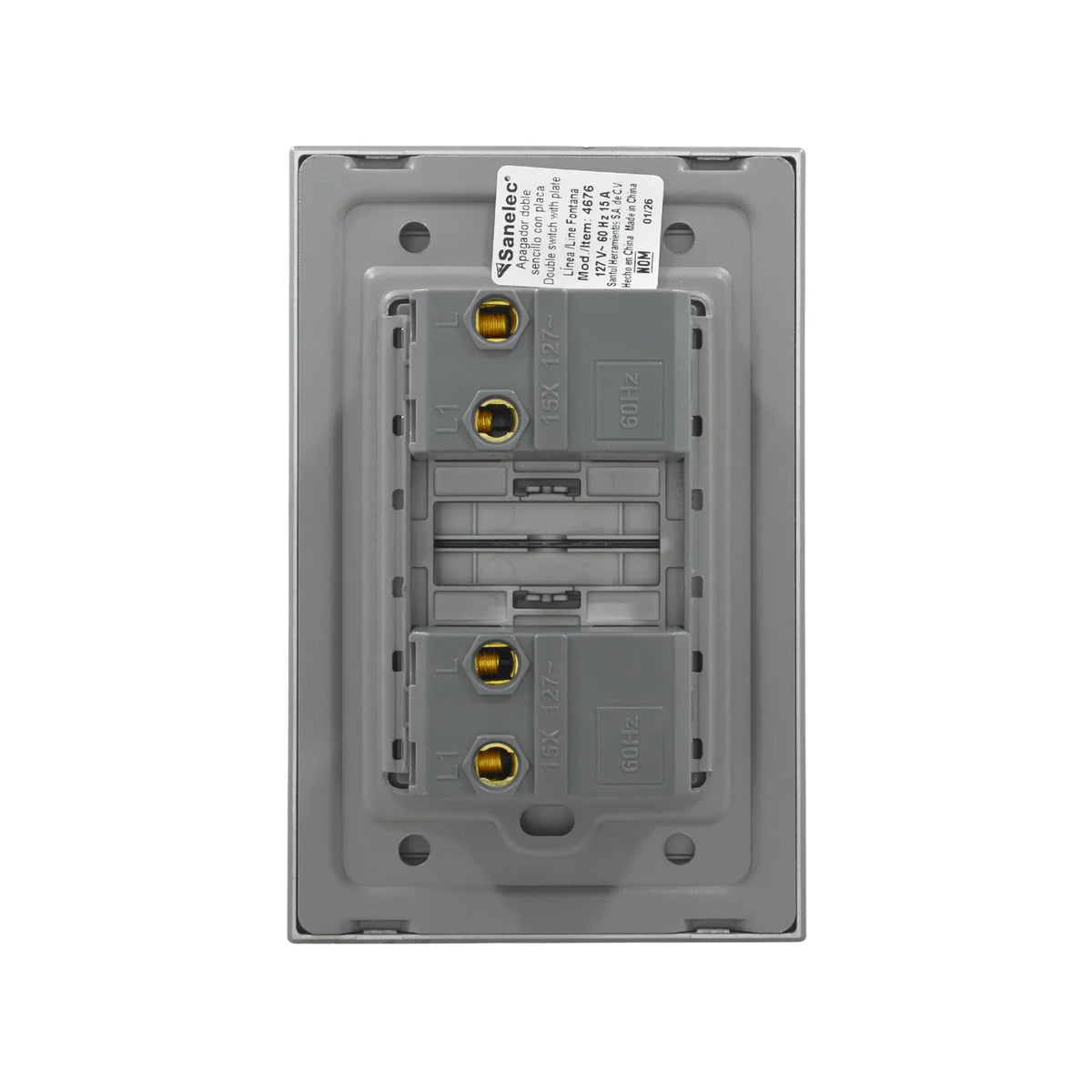 Apagador doble Sanelec gris vista trasera con terminales de conexión L y L1 para instalaciones eléctricas de 127V 15A