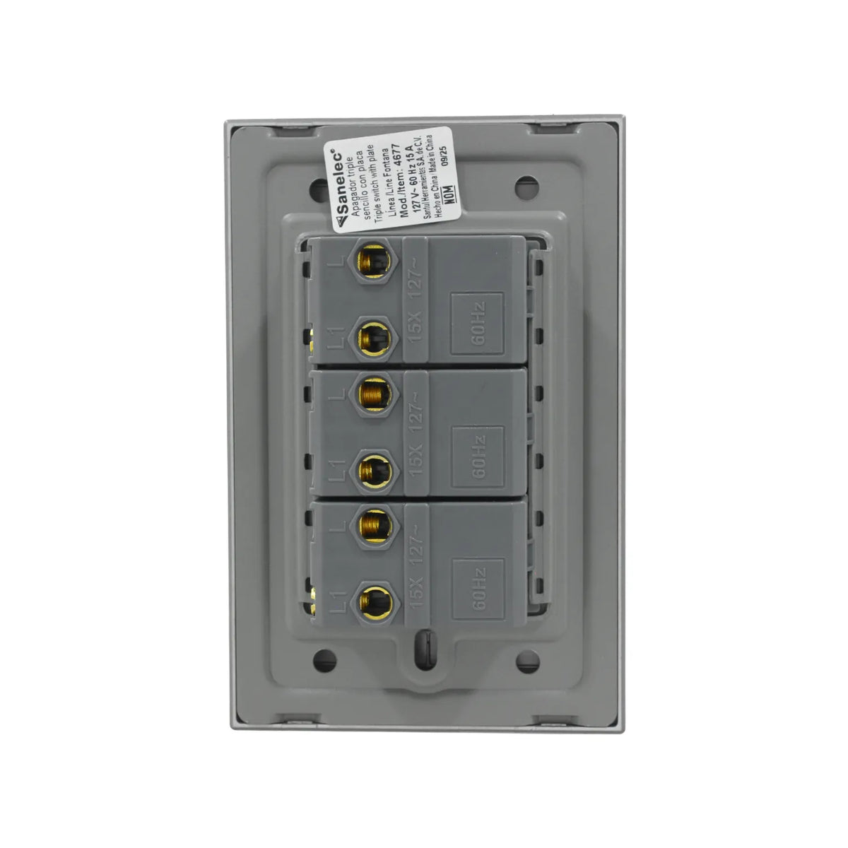 Apagador triple Sanelec línea Fontana gris vista posterior con terminales de conexión para instalación eléctrica