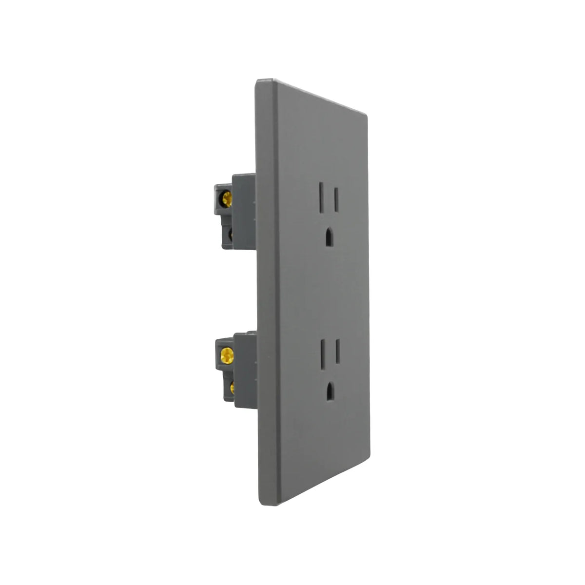 Tomacorriente doble gris de diseño minimalista plano con terminales de conexión para instalaciones eléctricas modernas