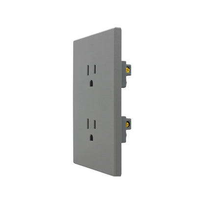 Tomacorriente doble gris mate diseño moderno decorativo para pared con placa integrada minimalista