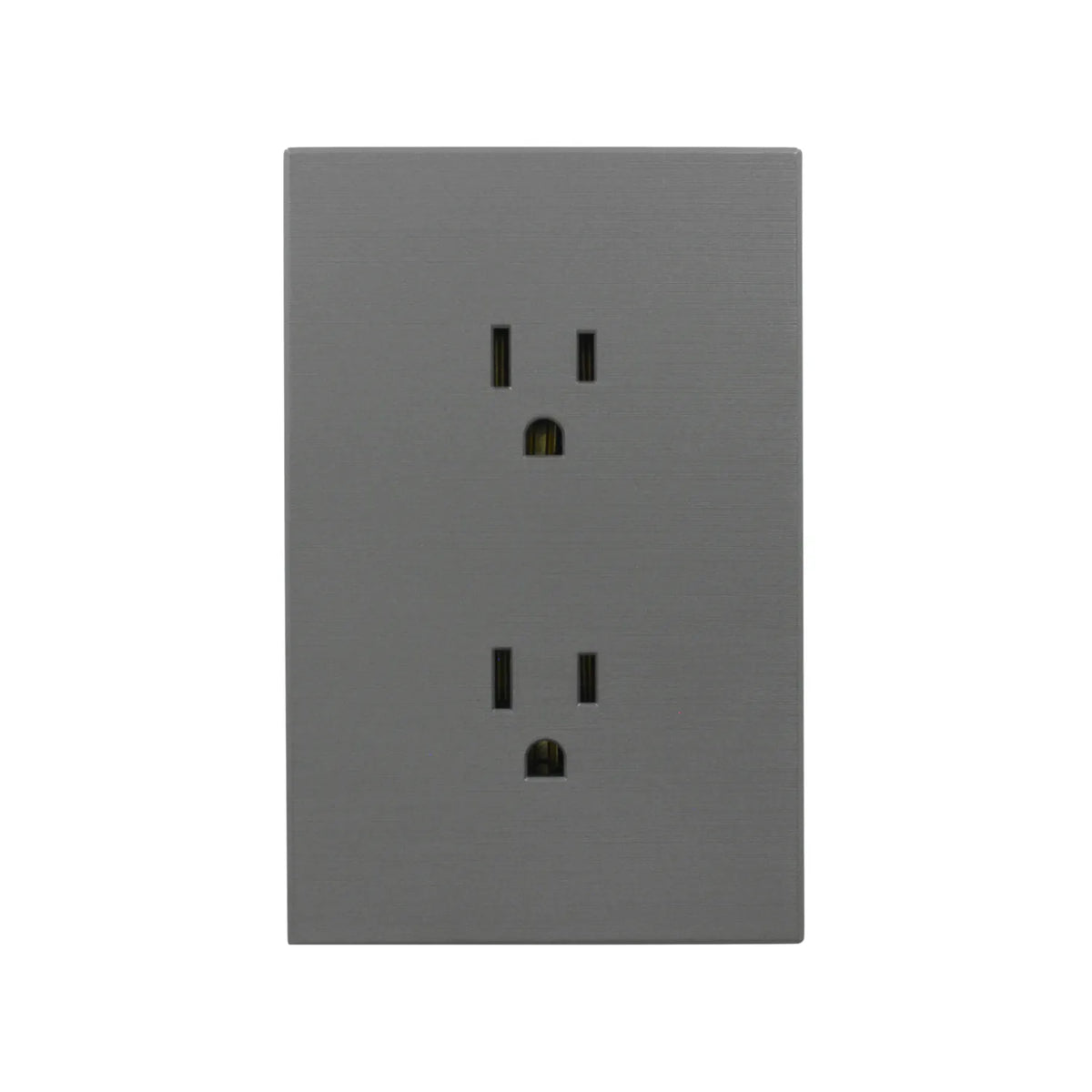 Tomacorriente doble con placa gris de acabado mate diseño sin tornillos para instalaciones eléctricas modernas.