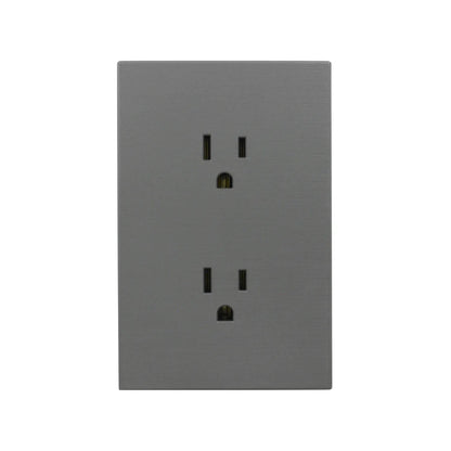 Tomacorriente doble con placa gris de acabado mate diseño sin tornillos para instalaciones eléctricas modernas.