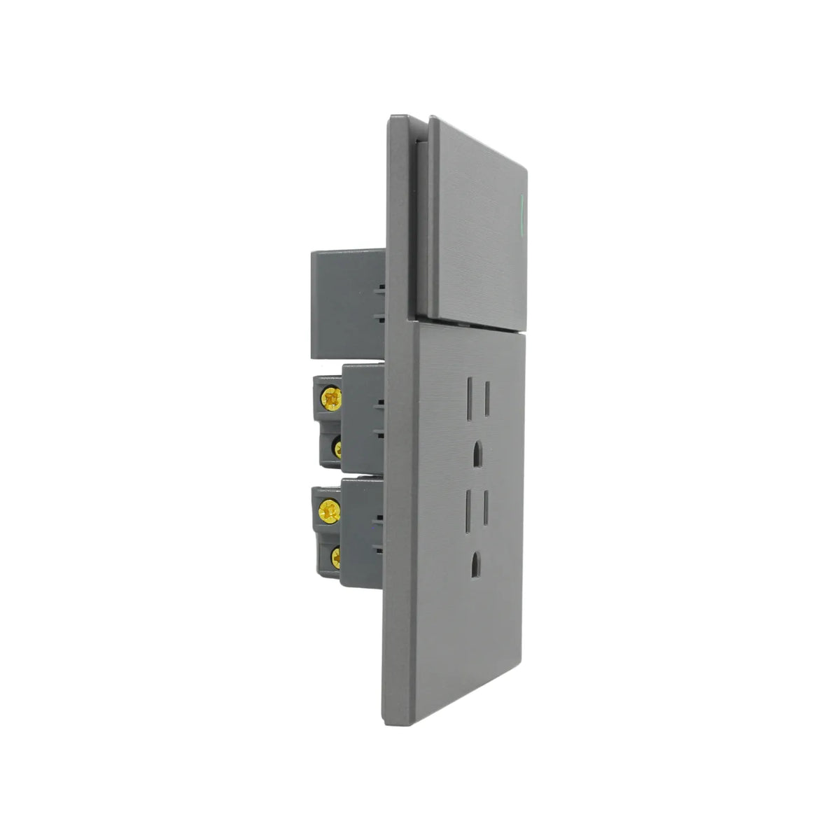 Interruptor y tomacorriente doble gris diseño moderno minimalista para instalaciones eléctricas de pared