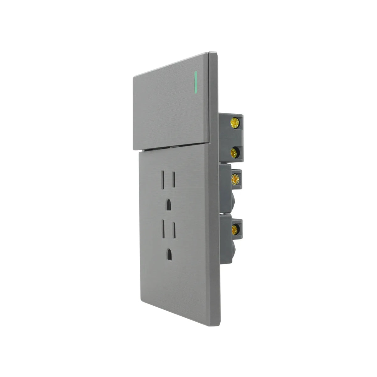 Interruptor y contacto de pared gris con luz indicadora LED y terminales laterales para instalación eléctrica.