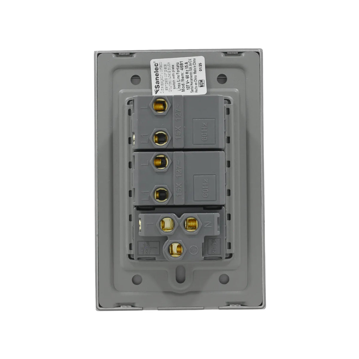 Placa Sanelec gris con doble apagador y contacto aterrizado 15A vista trasera para cableado eléctrico.