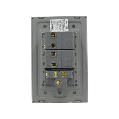 Placa Sanelec gris con doble apagador y contacto aterrizado 15A vista trasera para cableado eléctrico.