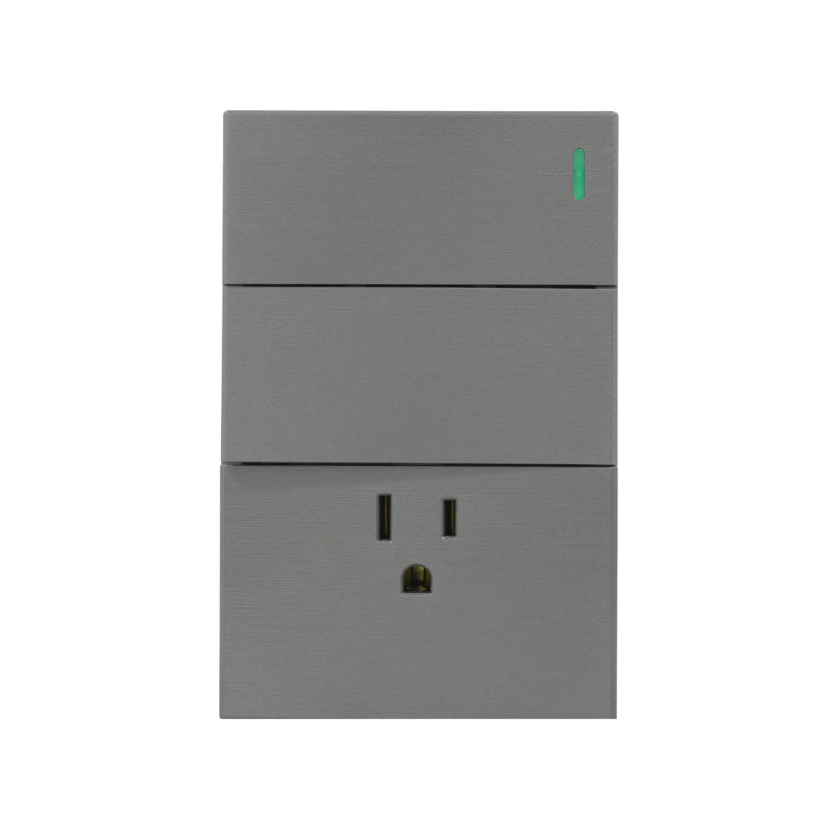 Interruptor doble y toma de corriente gris metalizado con luz piloto LED para instalaciones eléctricas modernas