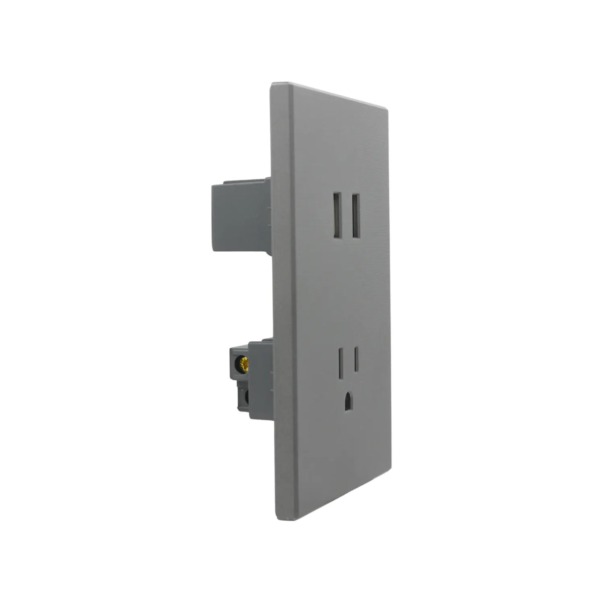 Tomacorriente doble gris mate con placa de pared minimalista para instalaciones eléctricas modernas.