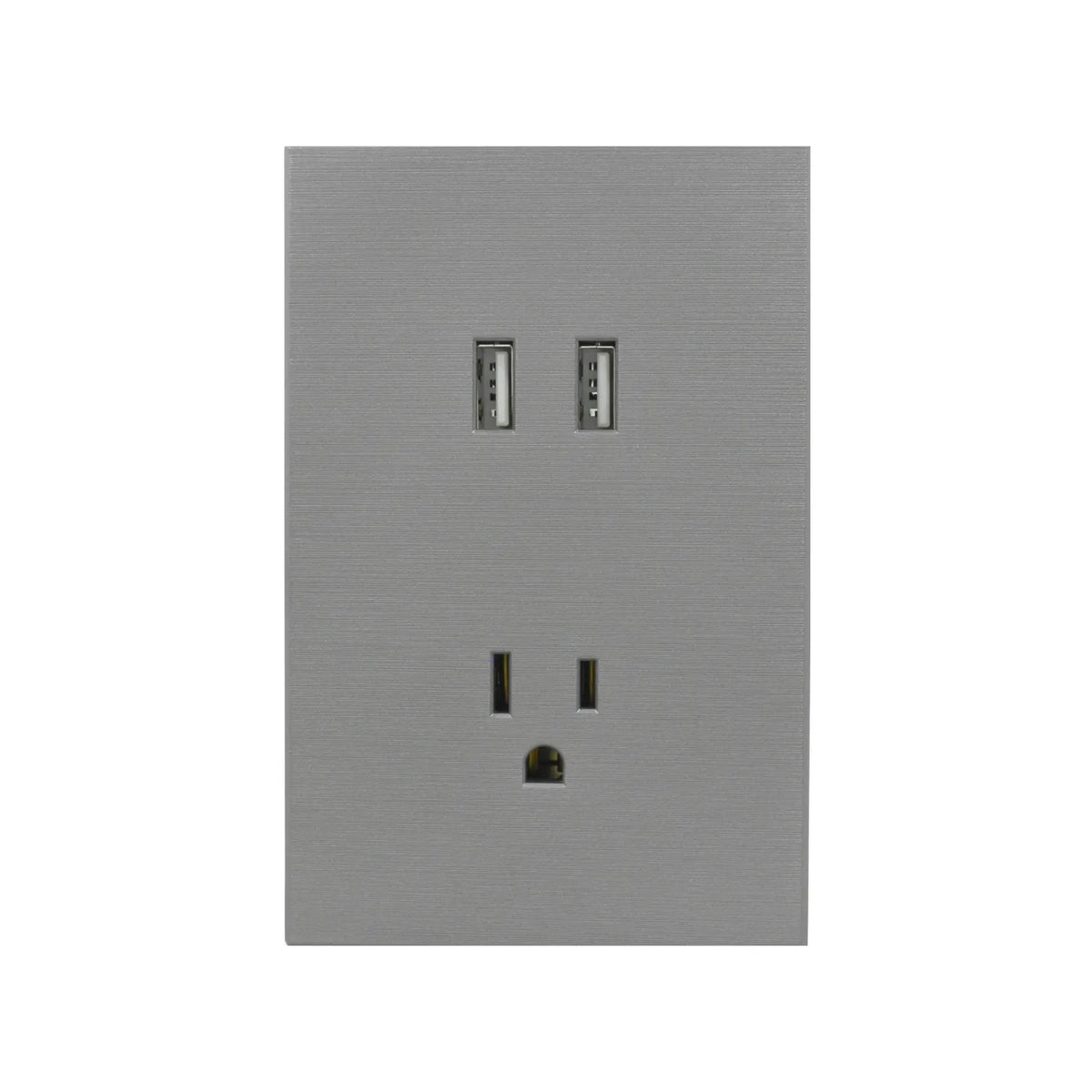 Tomacorriente gris con 2 puertos USB y contacto aterrizado acabado metálico cepillado para pared