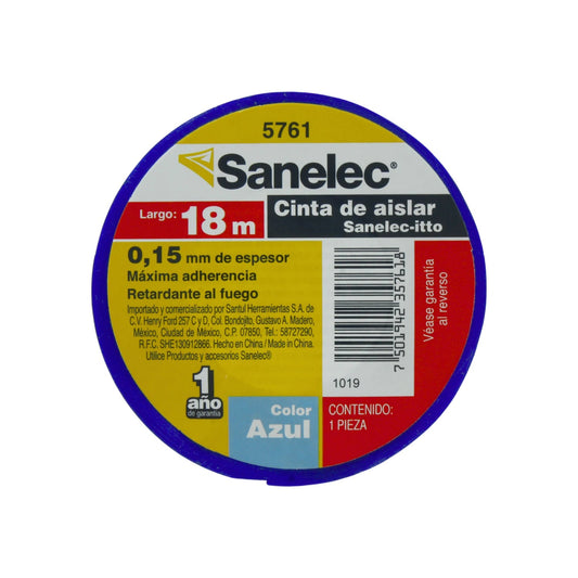Cinta de aislar azul Sanelec 18m, 0.15mm, retardante al fuego, máxima adherencia