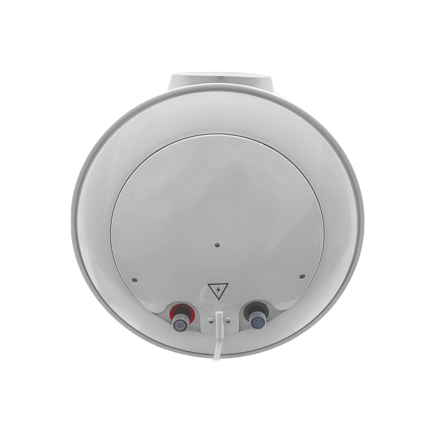 Boiler eléctrico redondo blanco, vista inferior con válvulas de agua fría/caliente y conexión eléctrica.
