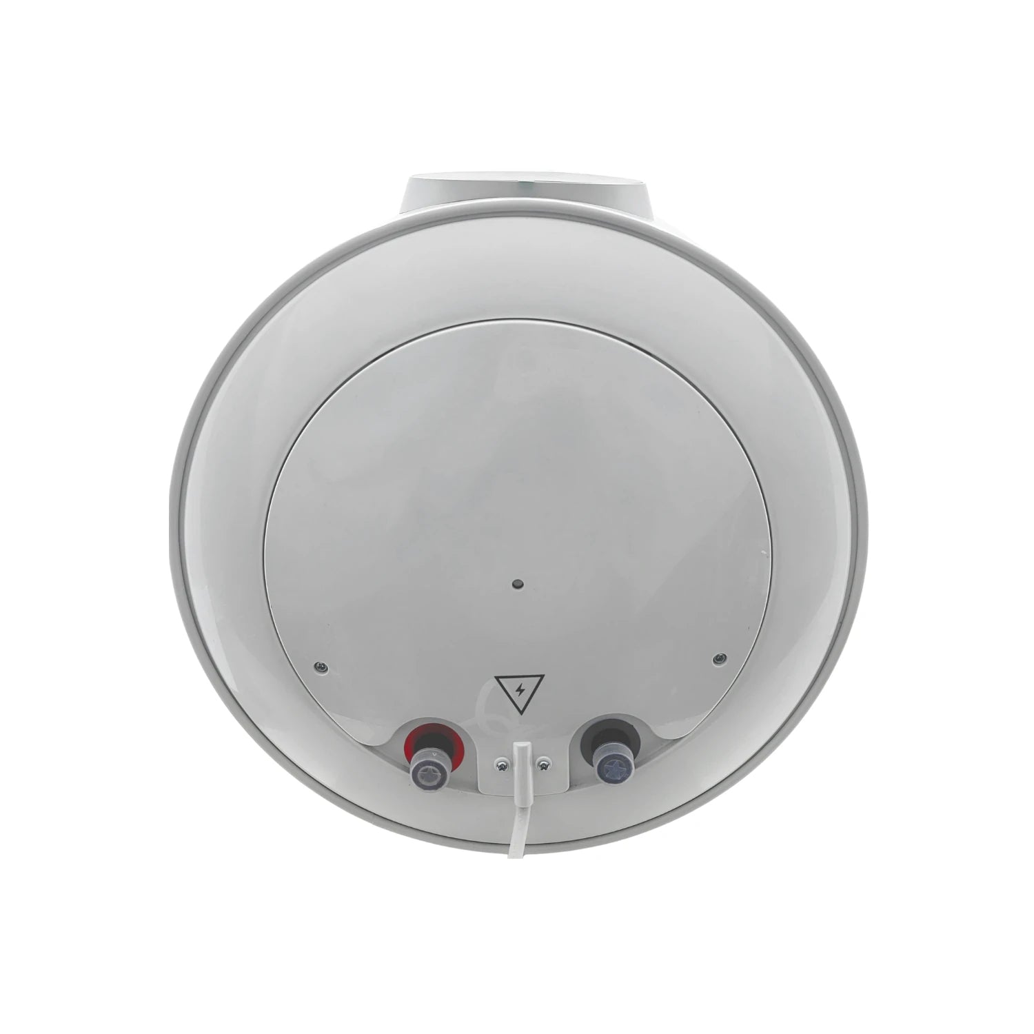 Boiler eléctrico redondo blanco, vista inferior con válvulas de agua fría/caliente y conexión eléctrica.