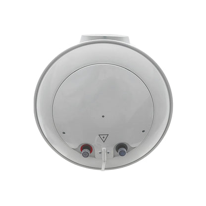 Boiler eléctrico redondo blanco, vista inferior con válvulas de agua fría/caliente y conexión eléctrica.