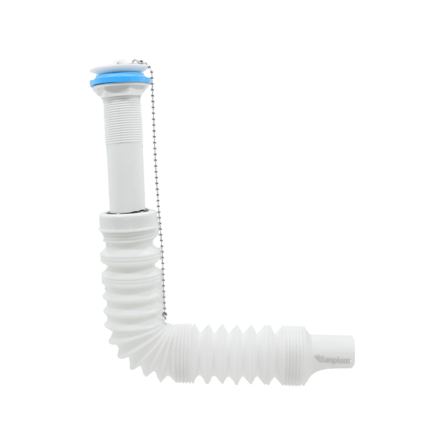 Cespol flexible blanco Sanplom para lavabo, desagüe ajustable con tapón y cadena