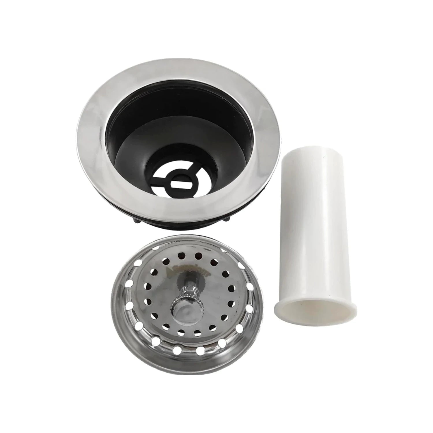 Contra canasta para fregadero de cocina, acero inoxidable, con canastilla filtro y tubo desagüe de plástico blanco