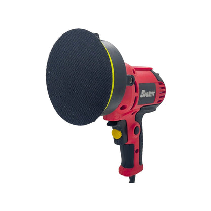 Pulidora eléctrica orbital Sprayit roja y negra, ideal para detallado automotriz y acabados de pintura profesional