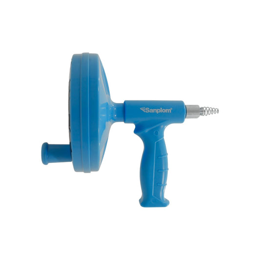 Destapacaños de resorte manual azul Sanplom para limpieza de tuberías y desagües, mango ergonómico.