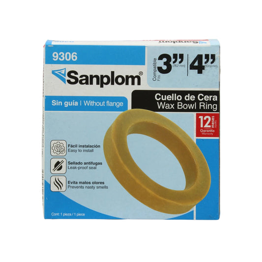 Cuello de cera Sanplom 9306 sin guía para inodoro 3" y 4" con sello antifugas, previene olores.