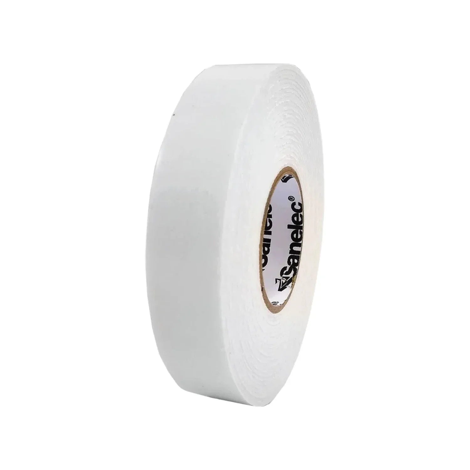 Rollo de cinta adhesiva blanca Sanelec, ideal para trabajos de ferretería y hogar.