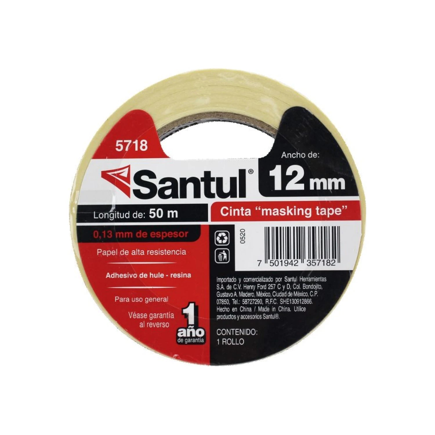 Cinta masking tape Santul 12mm x 50m beige, adhesivo de hule-resina para uso general 5718
