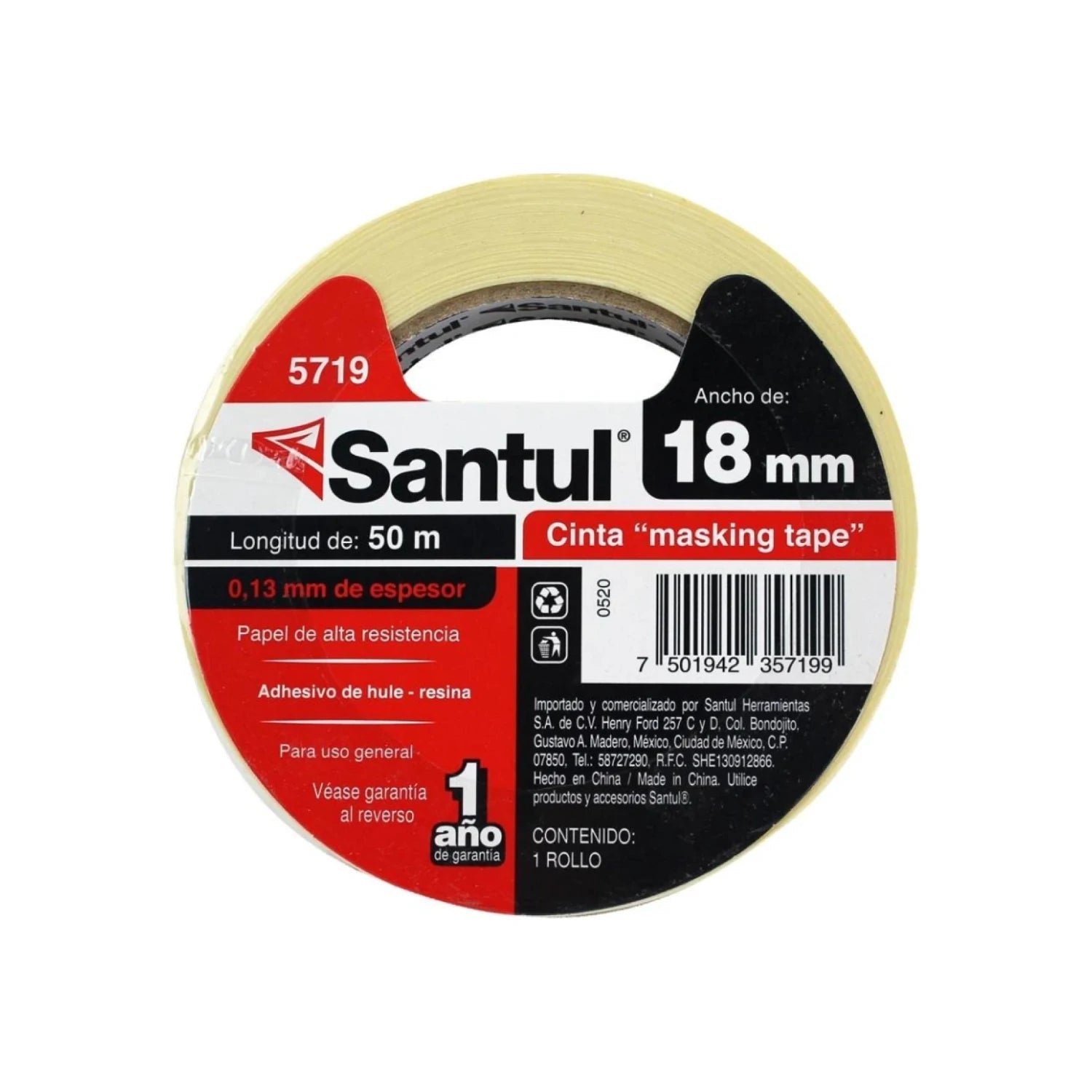 Cinta masking tape Santul 5719, 18mm (3/4") x 50m, beige. Ideal para pintura, papel de alta resistencia uso general.