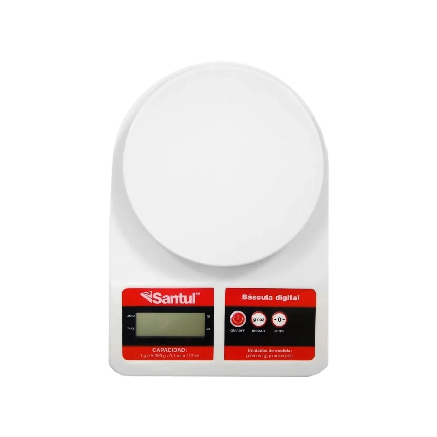 Báscula de cocina digital Santul blanca, capacidad 5 kg (5000g), mide en gramos y onzas, pantalla LCD y función tara.