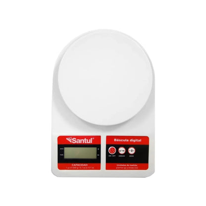 Báscula de cocina digital Santul blanca, capacidad 5 kg (5000g), mide en gramos y onzas, pantalla LCD y función tara.